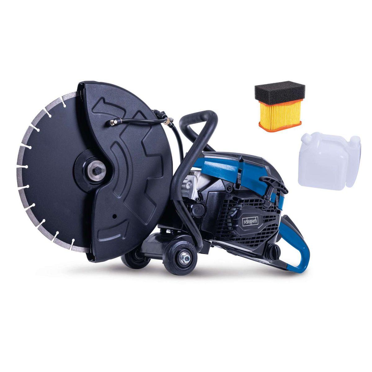 Cortadora de Hormigón a Gasolina PTS400 Scheppach - 3,95HP | Disco Diamantado 350mm | Profundidad de Corte 120mm | Motor 2 Tiempos | Incluye Filtro de Aire de Repuesto