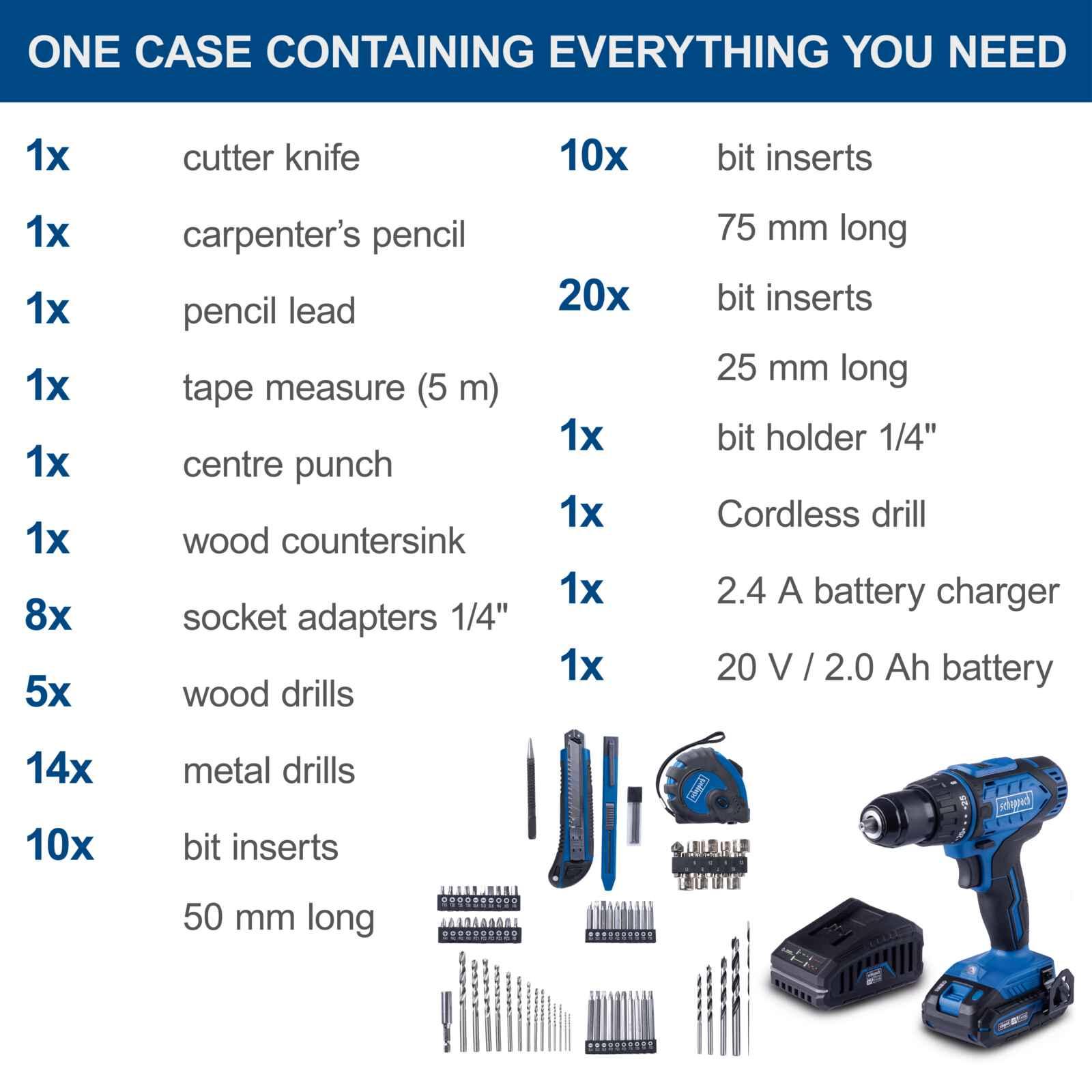 Taladro Inalámbrico 20V + Cargador + Bateria 2Ah + Maletín de Accesorios - Vista detalle