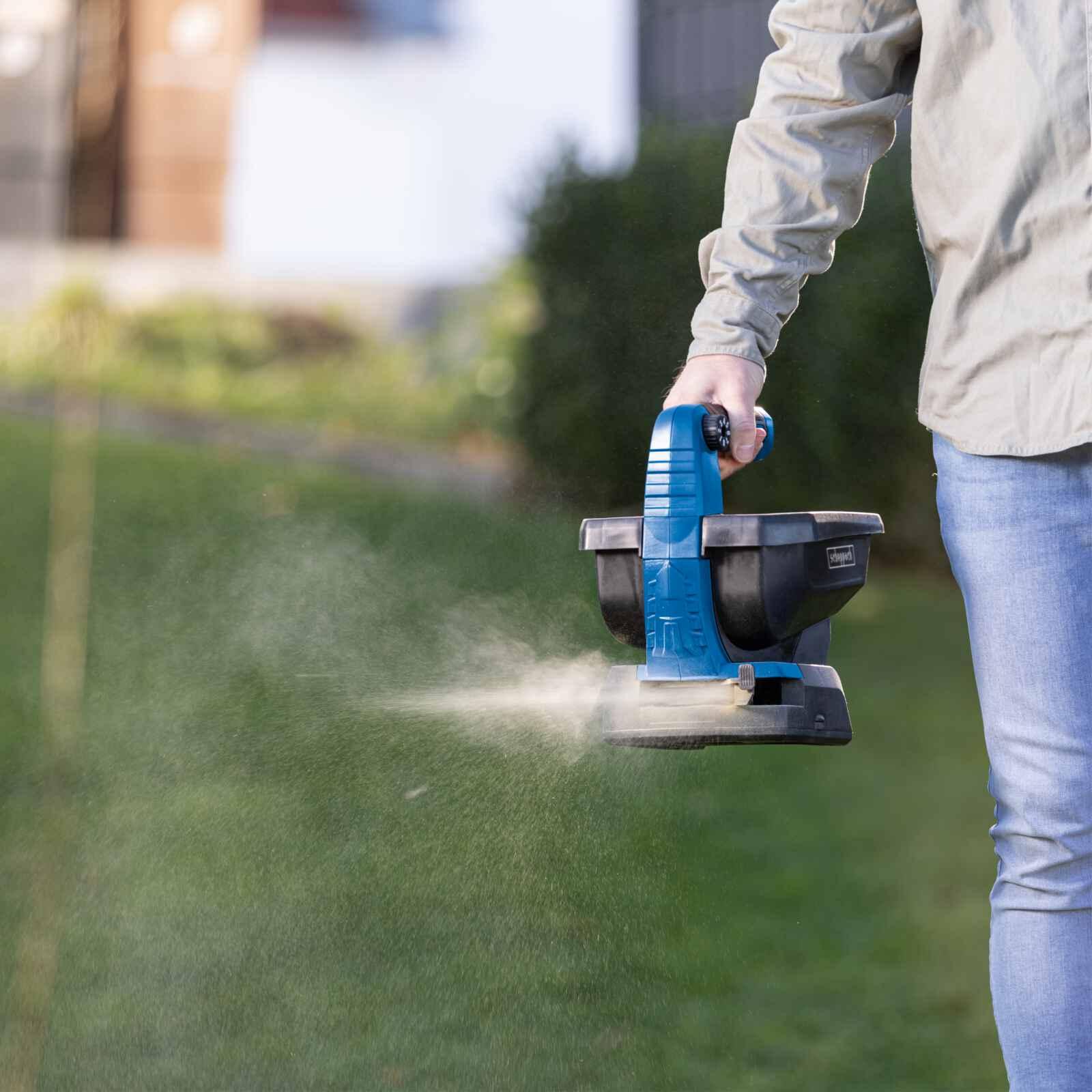 Sembradora Fertilizadora Inalámbrica 20V Scheppach - Propagadora Multifunción - Vista lateral