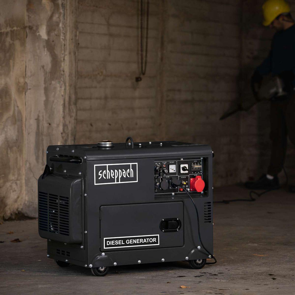 Generador Diésel 5000W Scheppach Black Edition - Trifásico y Monofásico, Arranque Eléctrico - Vista lateral